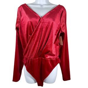 Maison Jules Women's SZ L NWT Thong Stretch Velour Red Polyester‎ Bodysuit